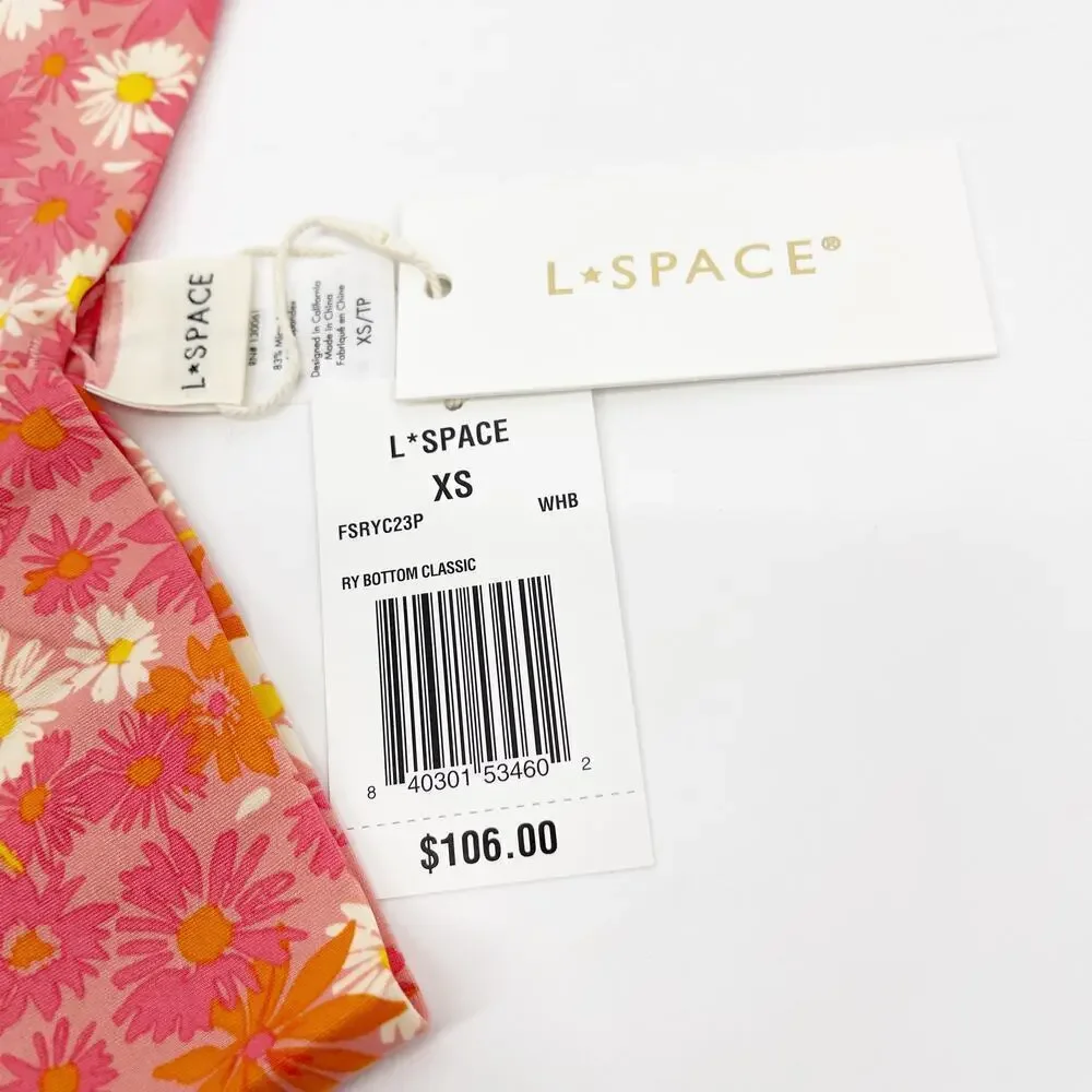 L*Space Fused Ry Bikini Bottoms Size XS Daisy Printed High Waist Pink Orange NEW